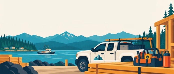 Trades truck loaded with tools, parked along the coast in Powell River, BC